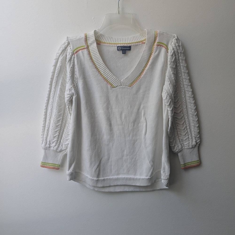 V-Neck Sweater White Cable Knit Puff Sleeve Pastel Stripe Trim Md Retro Preppy